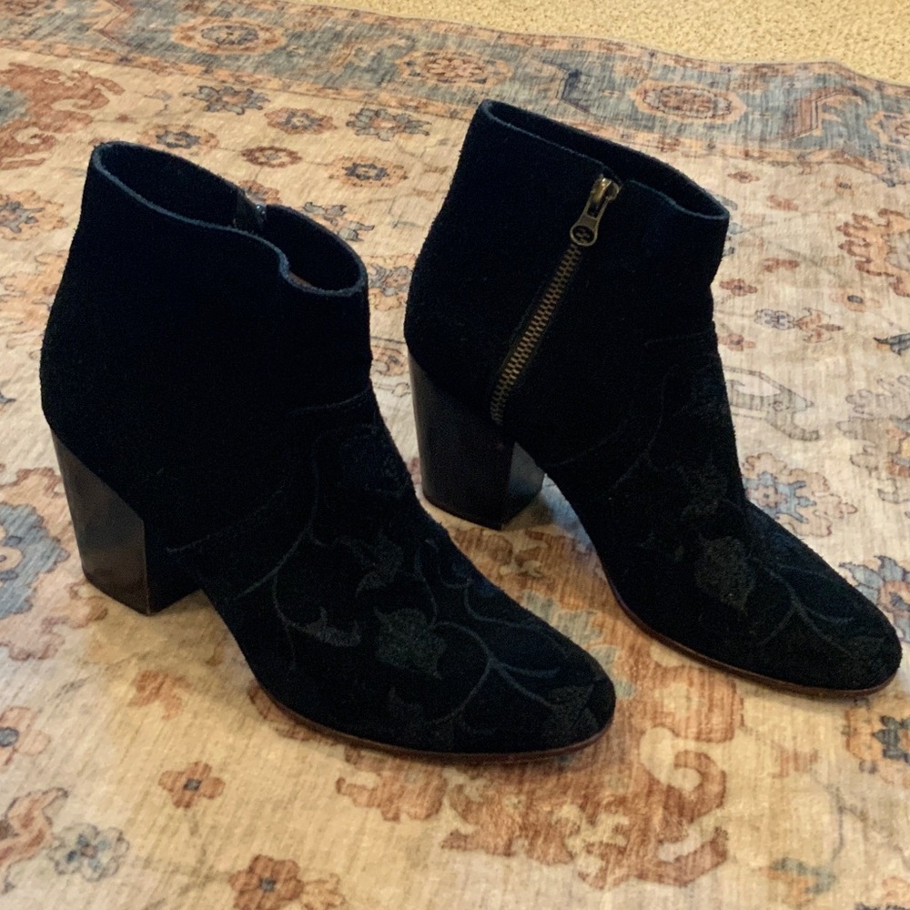 Embroidered Black Suede Ankle Boots